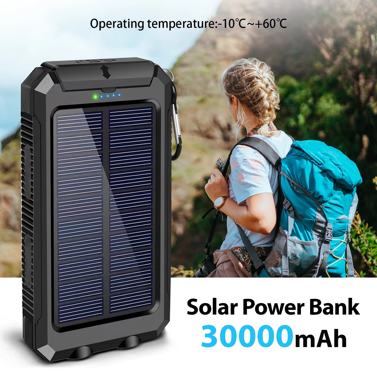 30000mAh Solar Power Bank – Fast Charging Portable Charger with Dual USB & LED Flashlight for iPhone, Samsung & Tablets