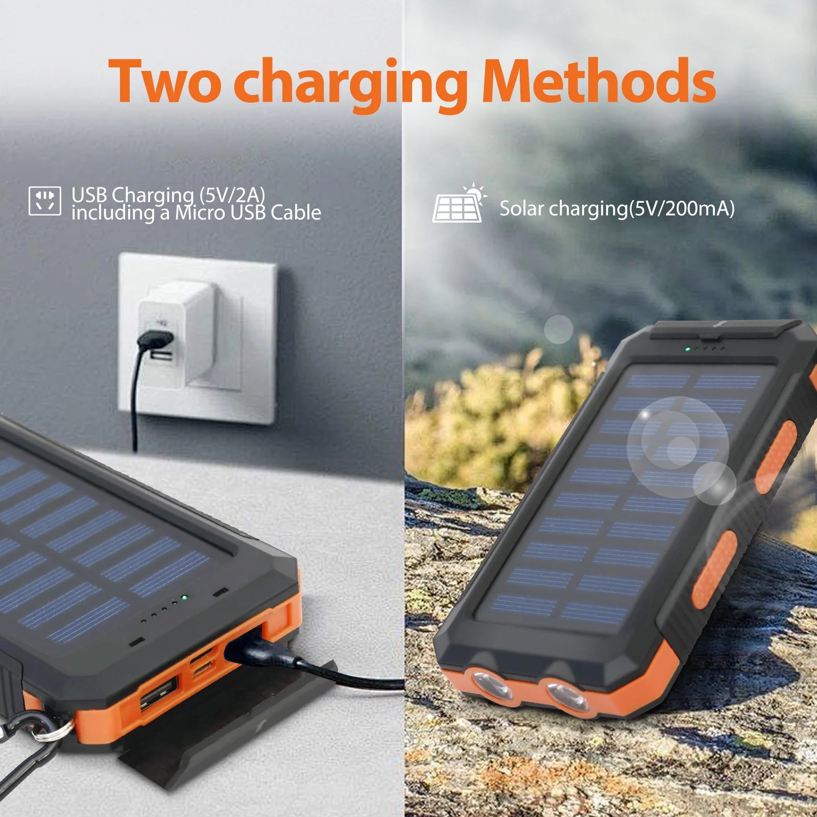 20000mAh Solar Power Bank – Waterproof Portable Solar Charger with Dual USB & LED Flashlight for Outdoor Use