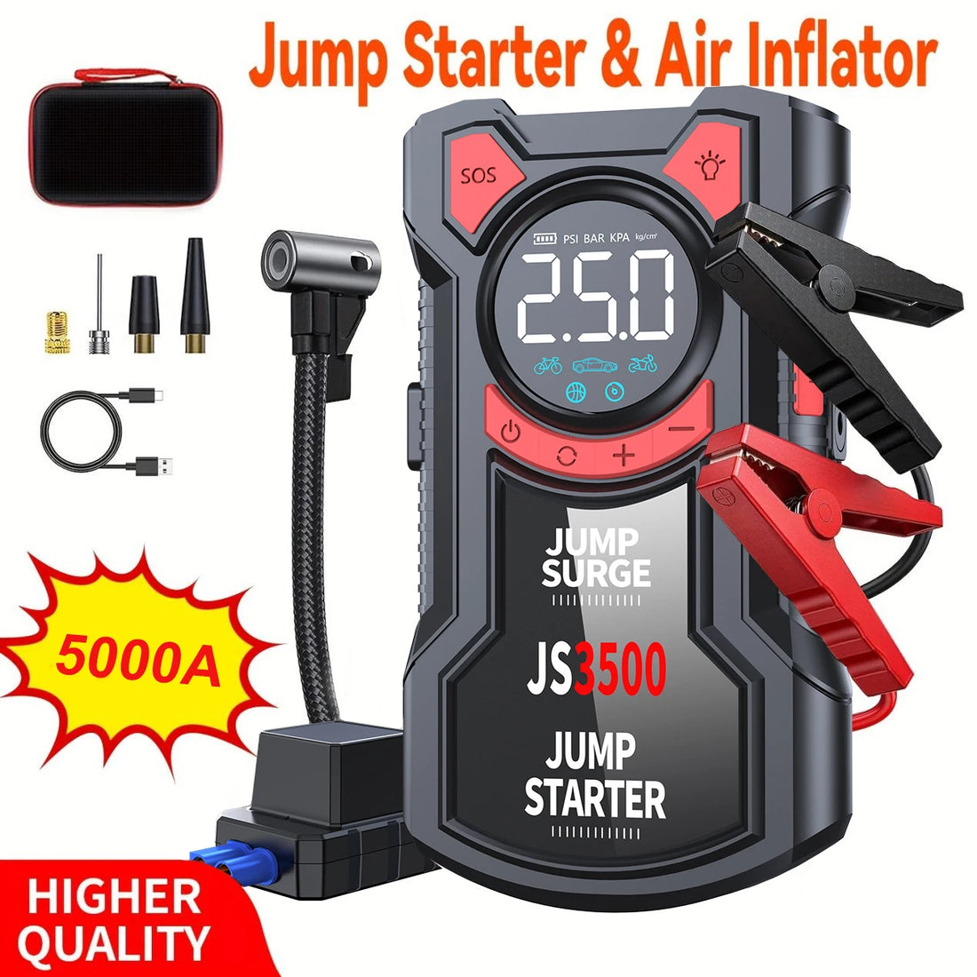 5-in-1 Portable Jump Starter & Air Compressor – 3000A Peak Battery Booster with 150 PSI Digital Tire Inflator