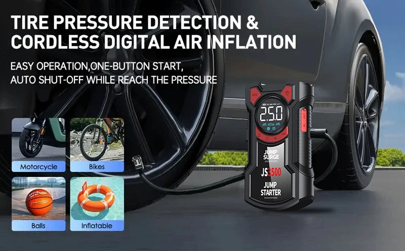 5-in-1 Portable Jump Starter & Air Compressor – 3000A Peak Battery Booster with 150 PSI Digital Tire Inflator
