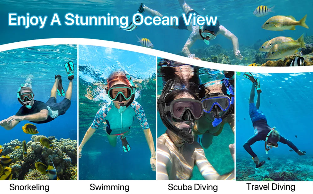 Adult Snorkeling Gear Set – Panoramic Anti-Fog Mask, Dry Top Snorkel & Adjustable Swim Fins