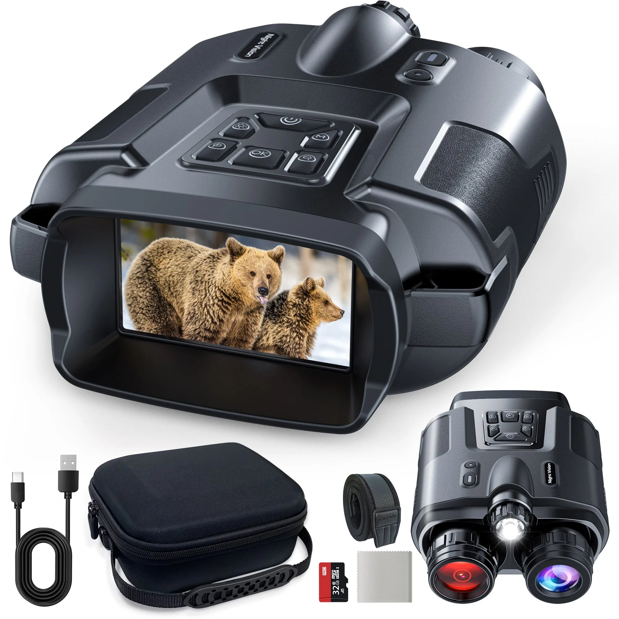 4K Night Vision Binoculars with 3” Screen – 8X Digital Zoom, Infrared Night Goggles with Tactical Light & 5000mAh Rechargeable Battery