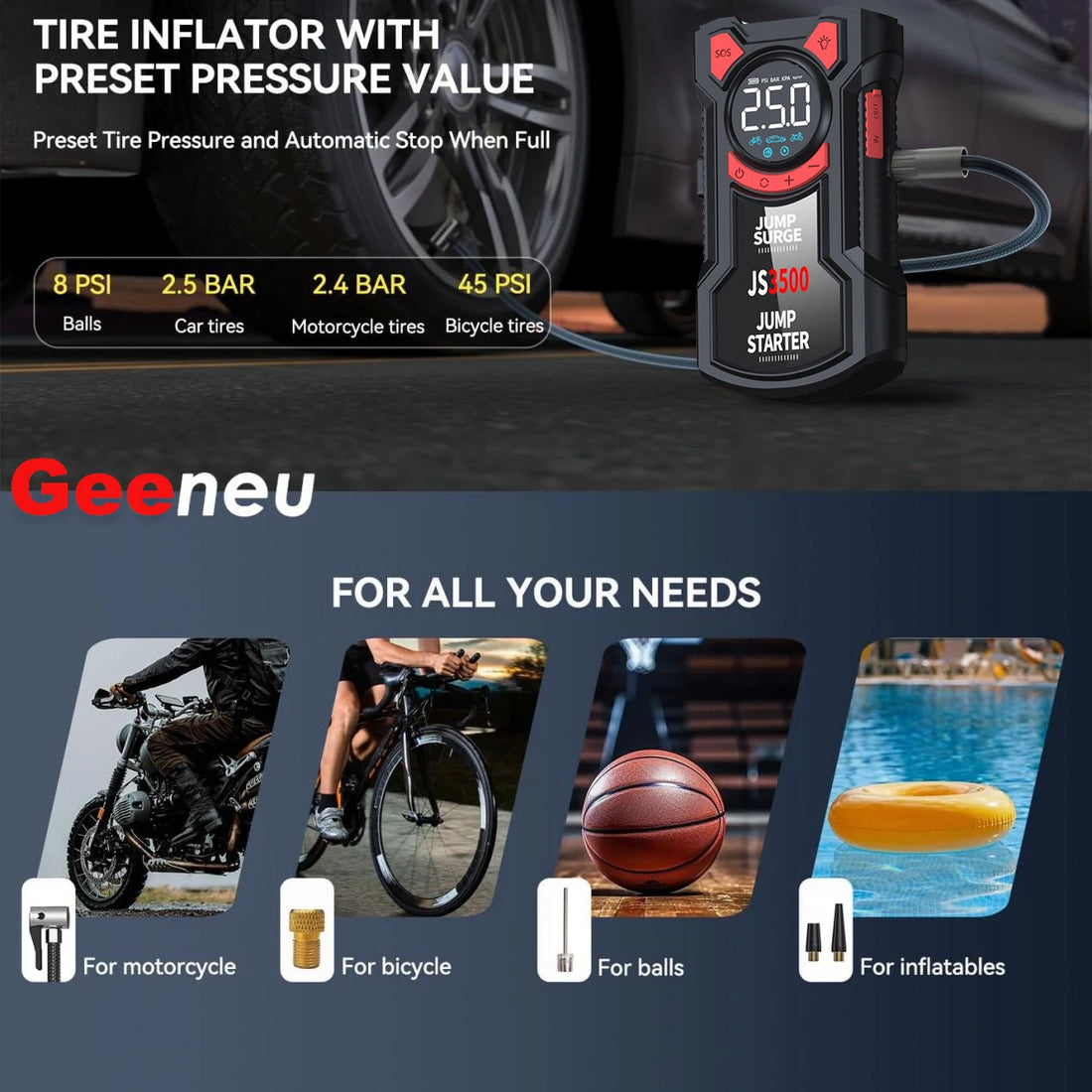 5-in-1 Portable Jump Starter & Air Compressor – 3000A Peak Battery Booster with 150 PSI Digital Tire Inflator