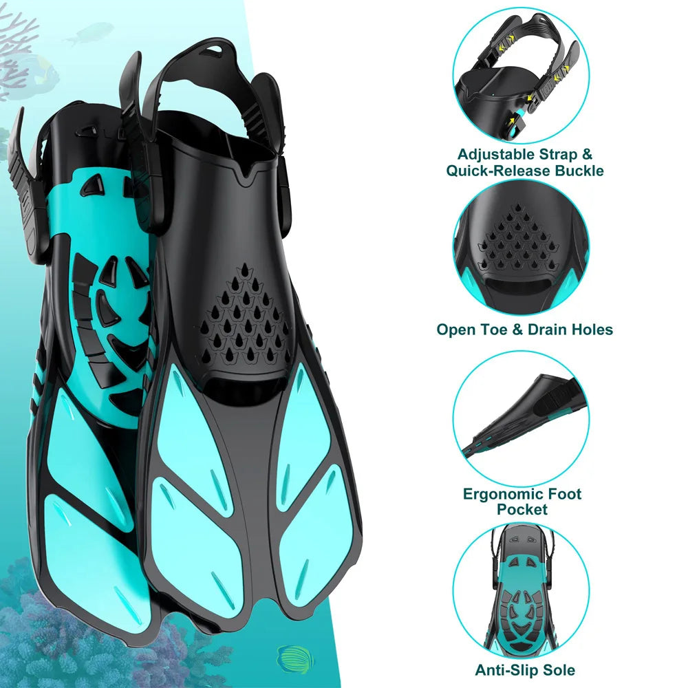 Adult Snorkeling Gear Set – Panoramic Anti-Fog Mask, Dry Top Snorkel & Adjustable Swim Fins