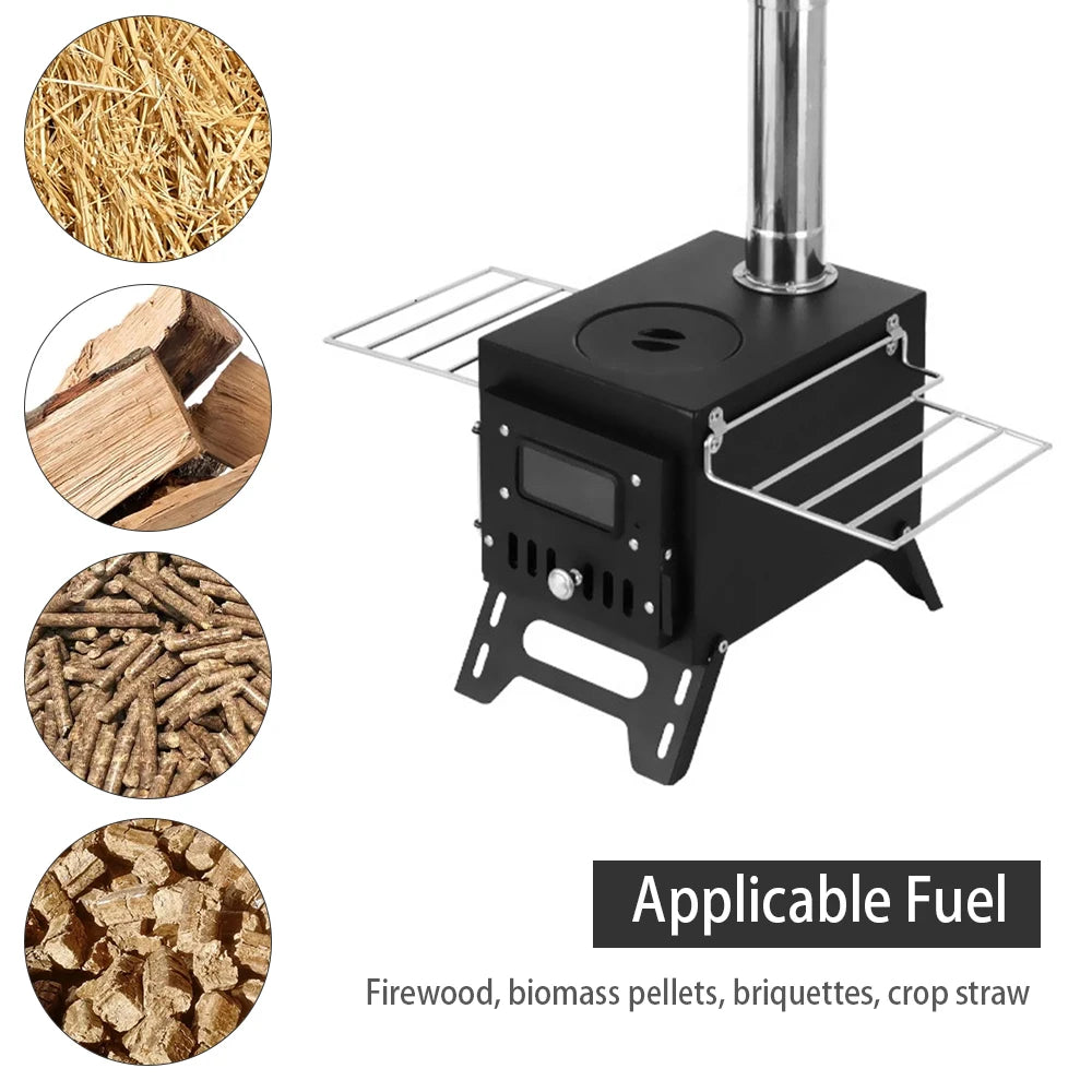 Foldable Stainless Steel Wood-Burning Camping Stove – Portable Tent Heater with Fire Viewing Window for Outdoor Cooking & Heating