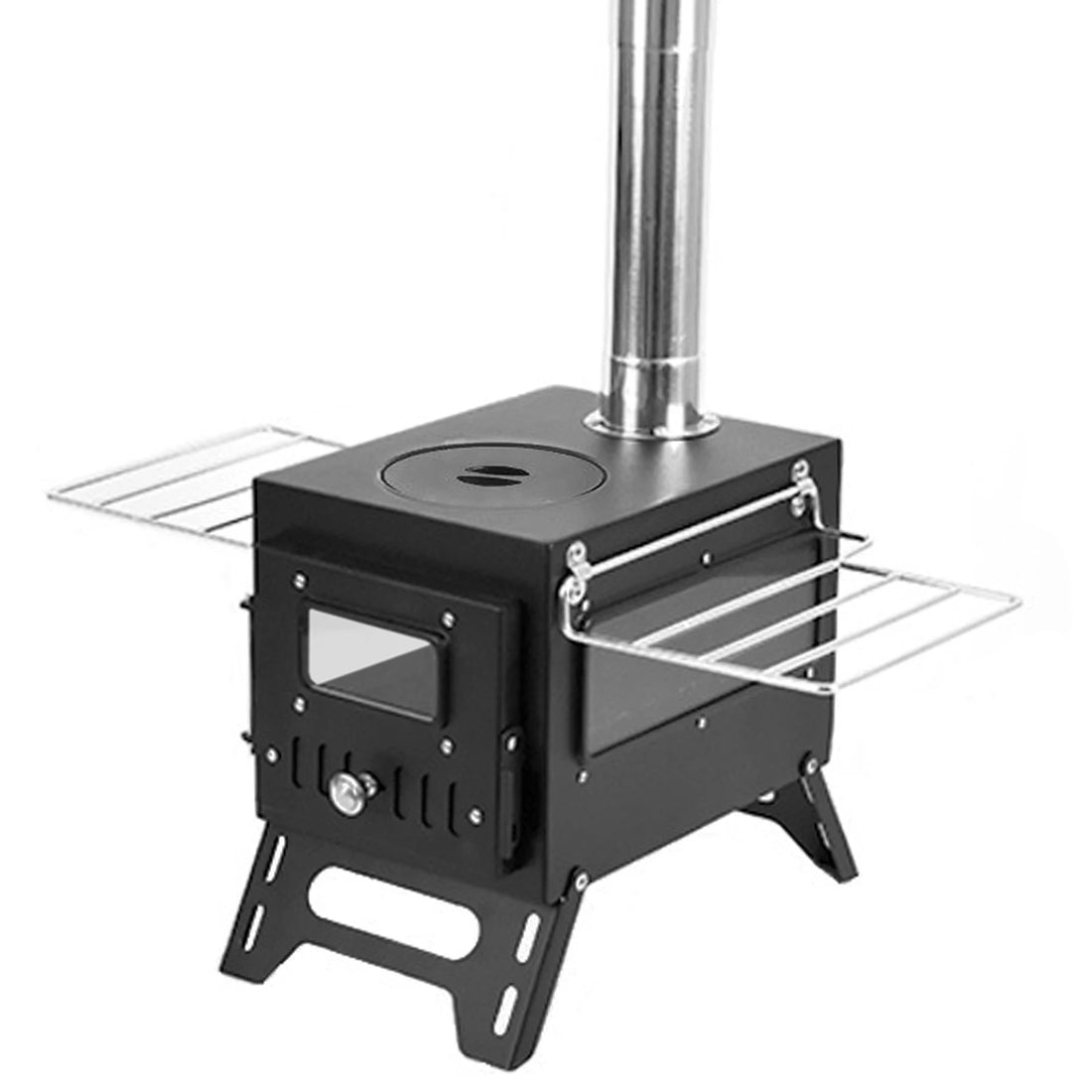 Foldable Stainless Steel Wood-Burning Camping Stove – Portable Tent Heater with Fire Viewing Window for Outdoor Cooking & Heating