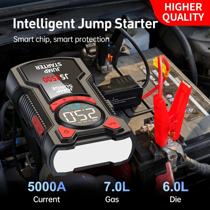5-in-1 Portable Jump Starter & Air Compressor – 3000A Peak Battery Booster with 150 PSI Digital Tire Inflator