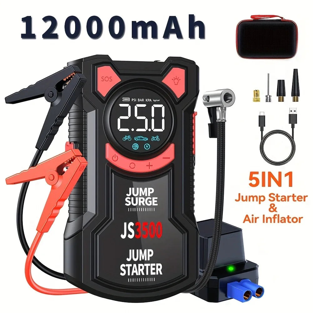 5-in-1 Portable Jump Starter & Air Compressor – 3000A Peak Battery Booster with 150 PSI Digital Tire Inflator