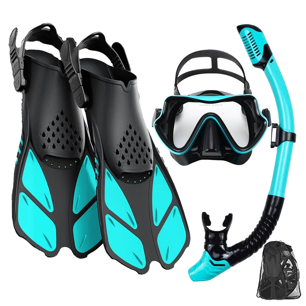 Adult Snorkeling Gear Set – Panoramic Anti-Fog Mask, Dry Top Snorkel & Adjustable Swim Fins
