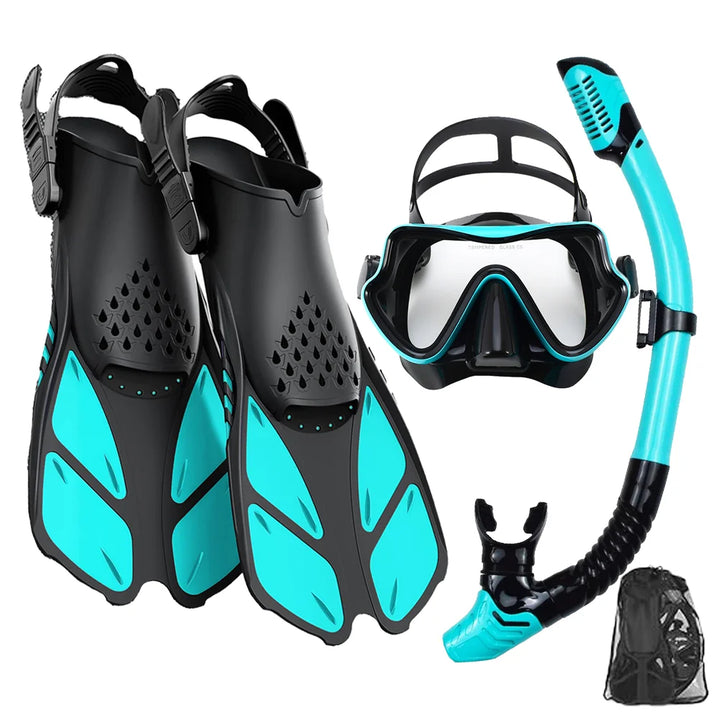 Adult Snorkeling Gear Set – Panoramic Anti-Fog Mask, Dry Top Snorkel & Adjustable Swim Fins