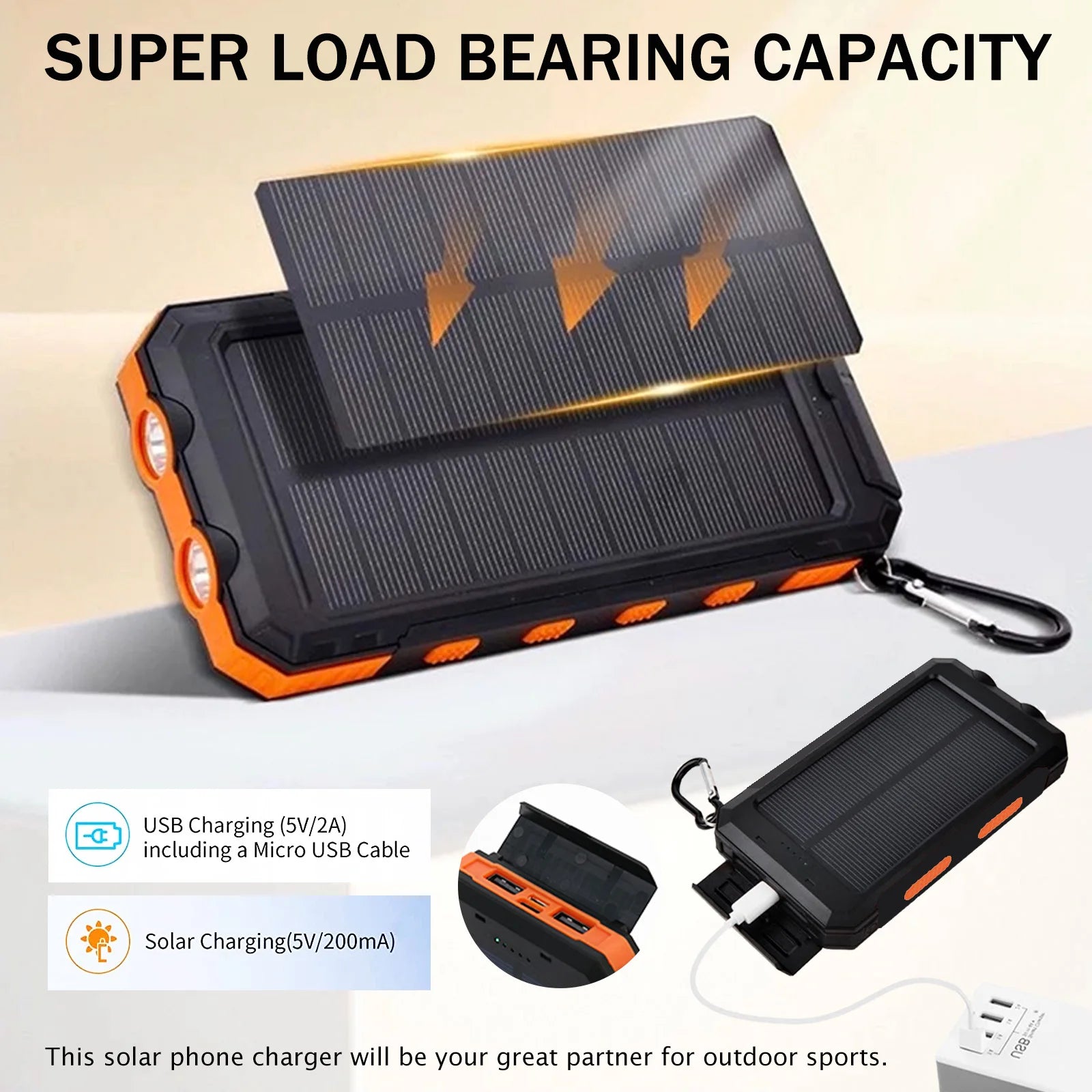 20000mAh Solar Power Bank – Waterproof Portable Solar Charger with Dual USB & LED Flashlight for Outdoor Use