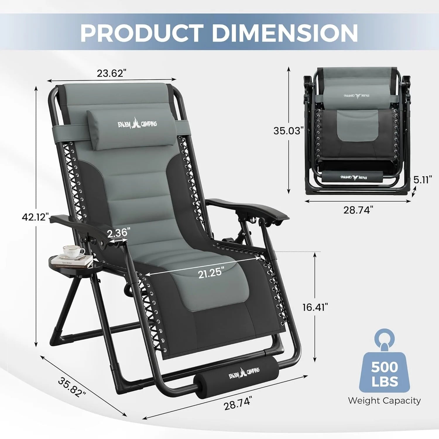 Oversized Zero Gravity Reclining Lounge Chair with Cup Holder Footrest Headrest 500lb Capacity Folding Indoor Outdoor