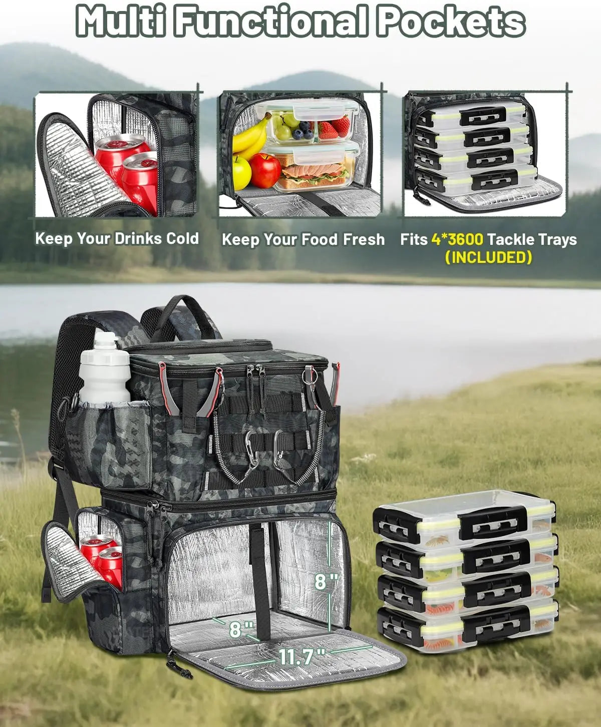 Fishing Backpack with 4 Tackle Boxes – Waterproof Gear Bag with Rod Holder, Cooler Compartment & Safety Compass