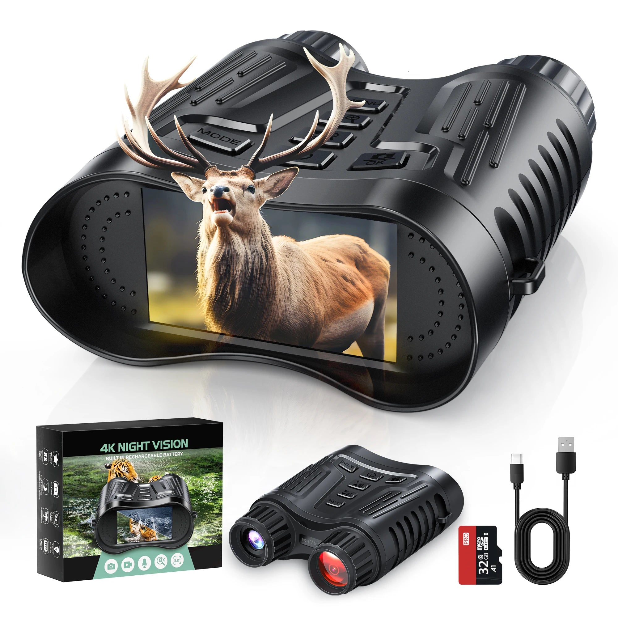 4K Night Vision Binoculars – 8X Digital Zoom, 1080P HD Recording, IR Illuminator for Hunting, Camping & Wildlife Viewing