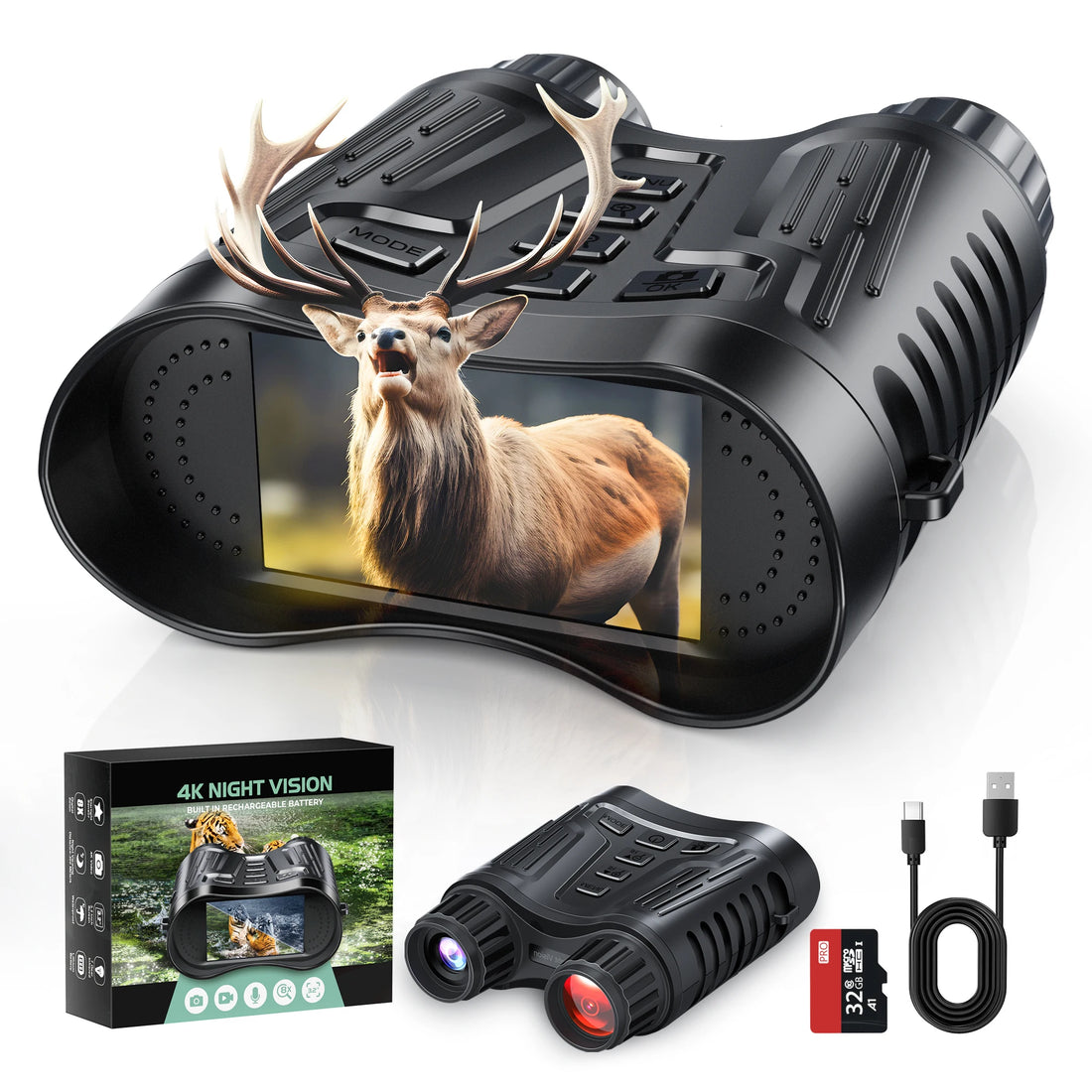 4K Night Vision Binoculars – 8X Digital Zoom, 1080P HD Recording, IR Illuminator for Hunting, Camping & Wildlife Viewing
