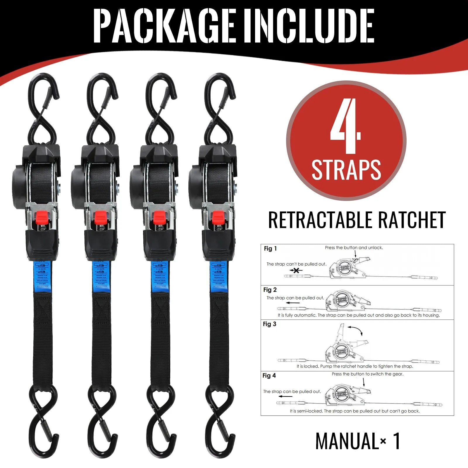 1" x 10' Heavy-Duty Retractable Ratchet Straps – 1209 lb Break Strength Auto Retracting Tie Downs for Trucks, Trailers, Boats & Cargo