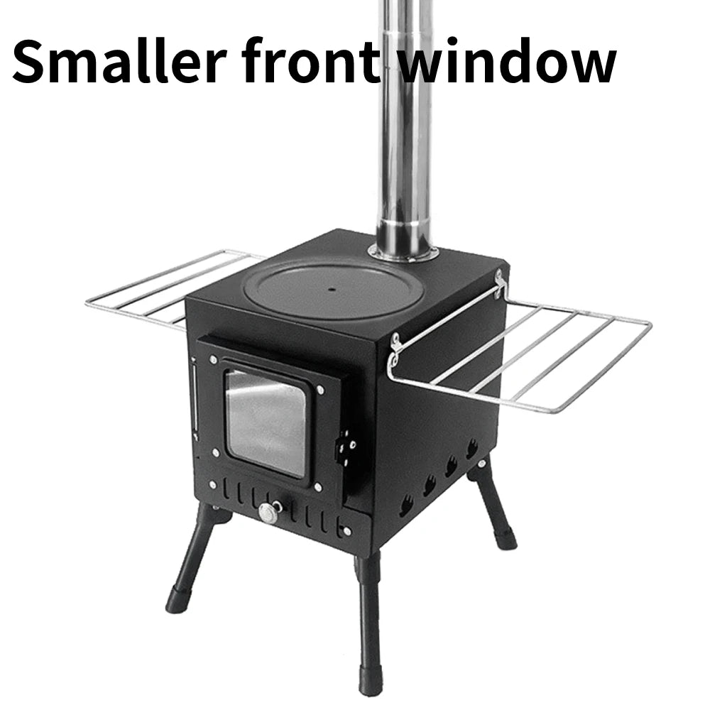 Foldable Stainless Steel Wood-Burning Camping Stove – Portable Tent Heater with Fire Viewing Window for Outdoor Cooking & Heating
