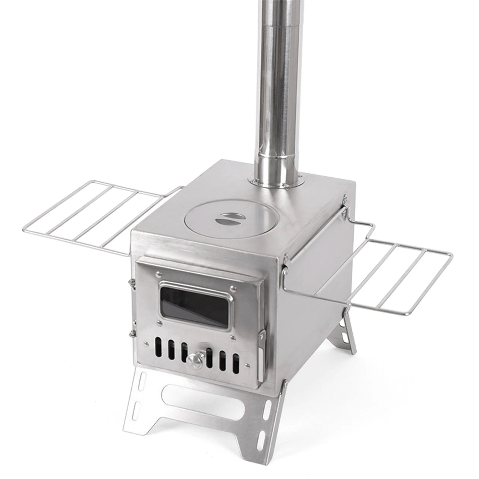 Foldable Stainless Steel Wood-Burning Camping Stove – Portable Tent Heater with Fire Viewing Window for Outdoor Cooking & Heating