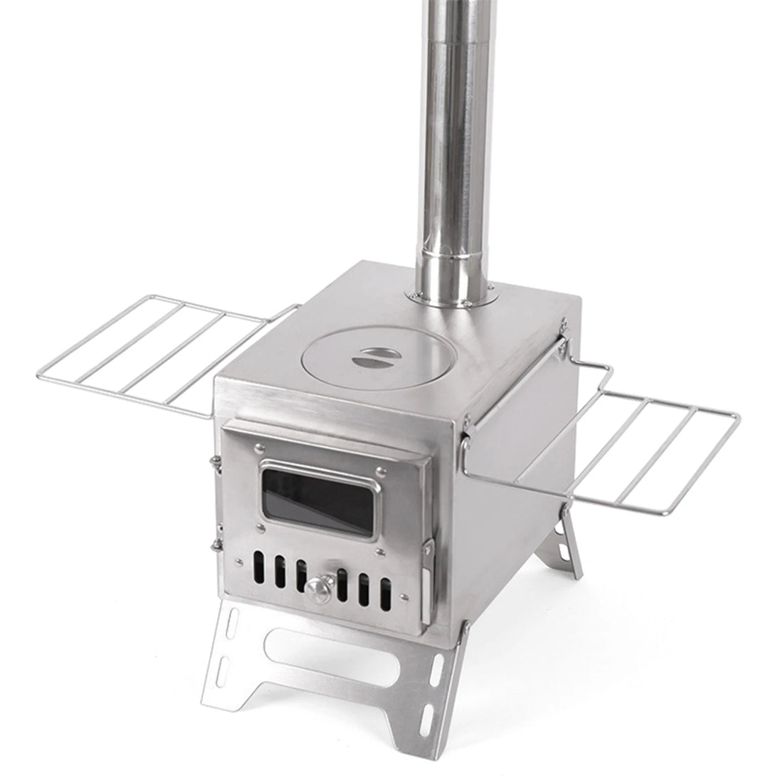 Foldable Stainless Steel Wood-Burning Camping Stove – Portable Tent Heater with Fire Viewing Window for Outdoor Cooking & Heating
