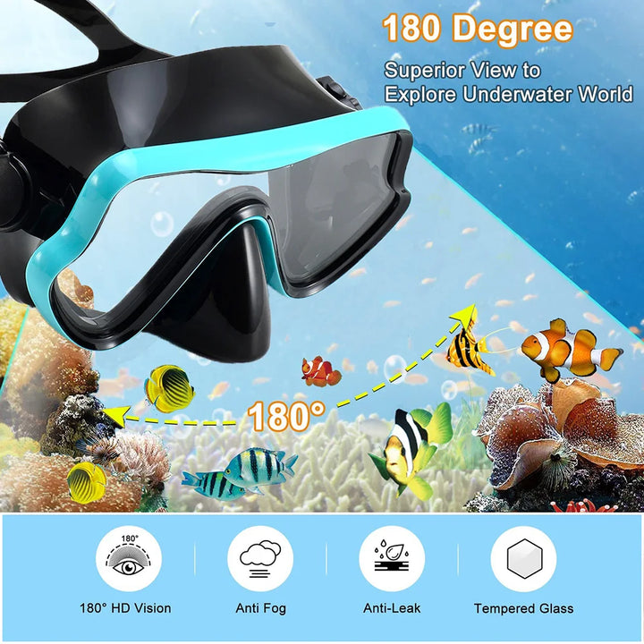Adult Snorkeling Gear Set – Panoramic Anti-Fog Mask, Dry Top Snorkel & Adjustable Swim Fins