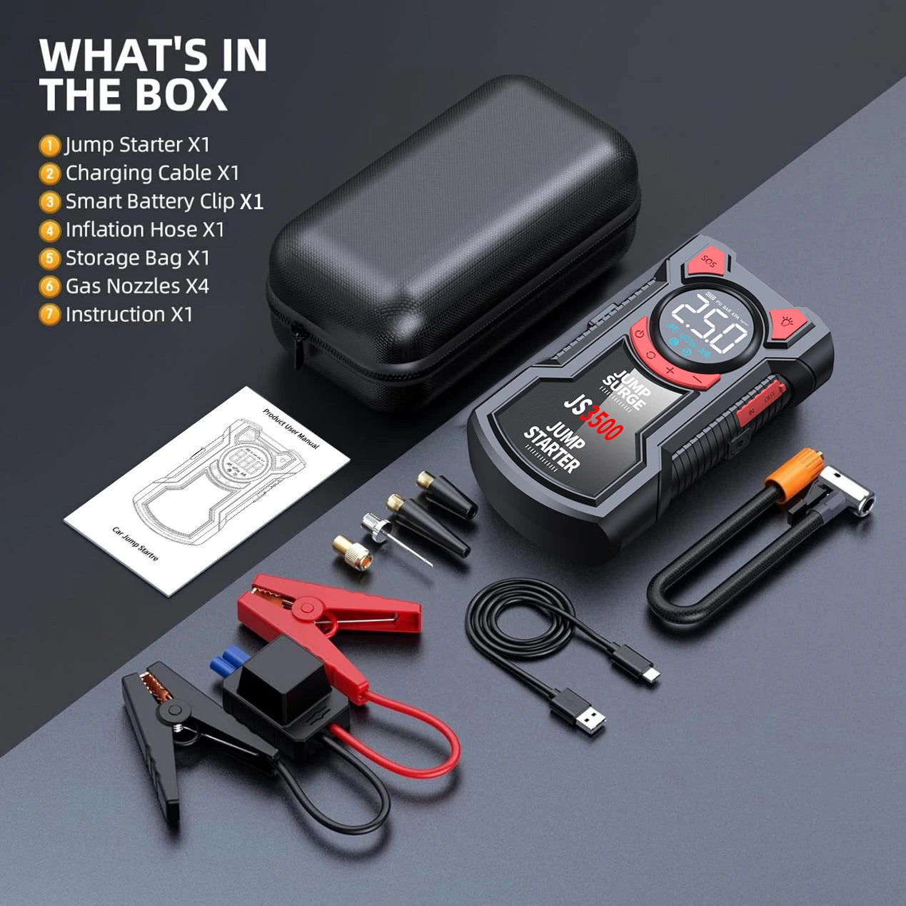 5-in-1 Portable Jump Starter & Air Compressor – 3000A Peak Battery Booster with 150 PSI Digital Tire Inflator