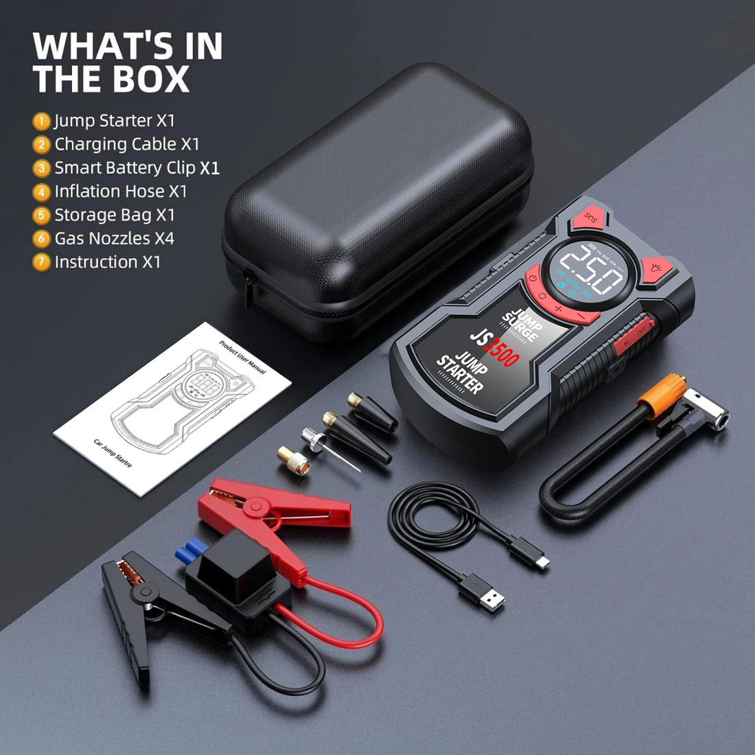 5-in-1 Portable Jump Starter & Air Compressor – 3000A Peak Battery Booster with 150 PSI Digital Tire Inflator