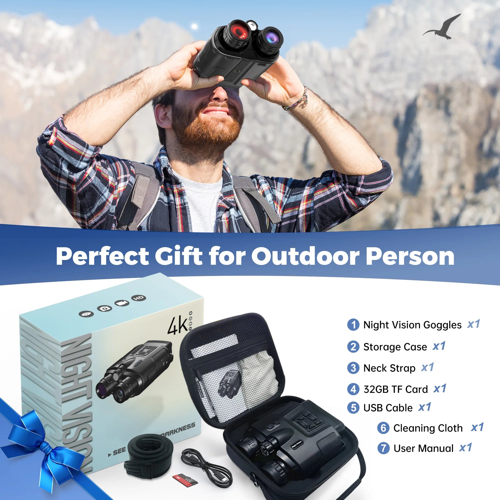 4K Night Vision Binoculars with 3” Screen – 8X Digital Zoom, Infrared Night Goggles with Tactical Light & 5000mAh Rechargeable Battery