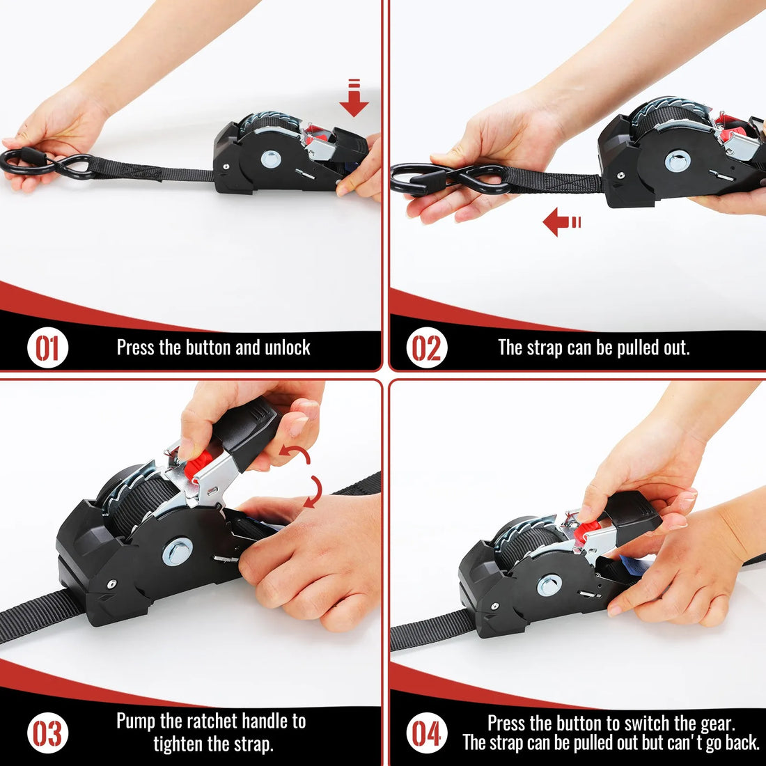 1" x 10' Heavy-Duty Retractable Ratchet Straps – 1209 lb Break Strength Auto Retracting Tie Downs for Trucks, Trailers, Boats & Cargo