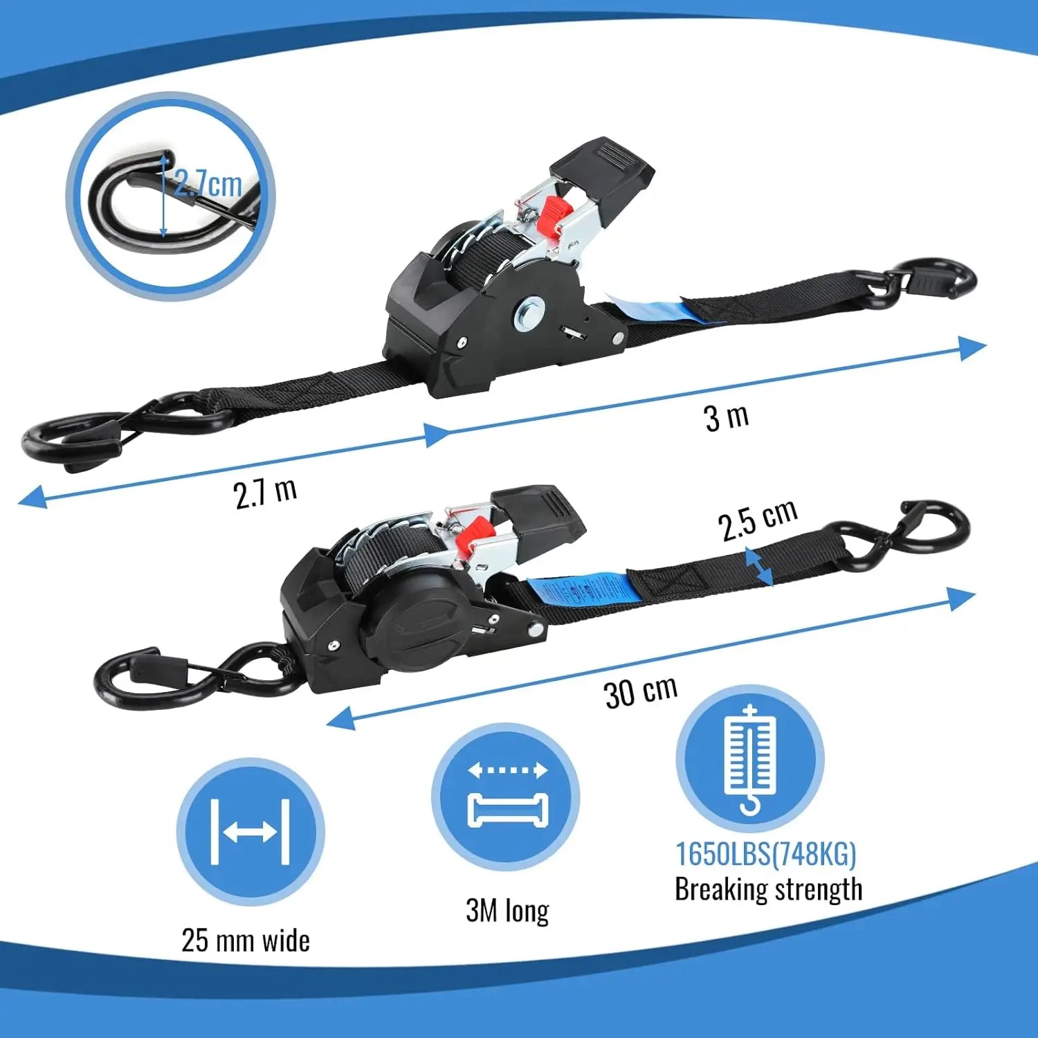1" x 10' Heavy-Duty Retractable Ratchet Straps – 1209 lb Break Strength Auto Retracting Tie Downs for Trucks, Trailers, Boats & Cargo