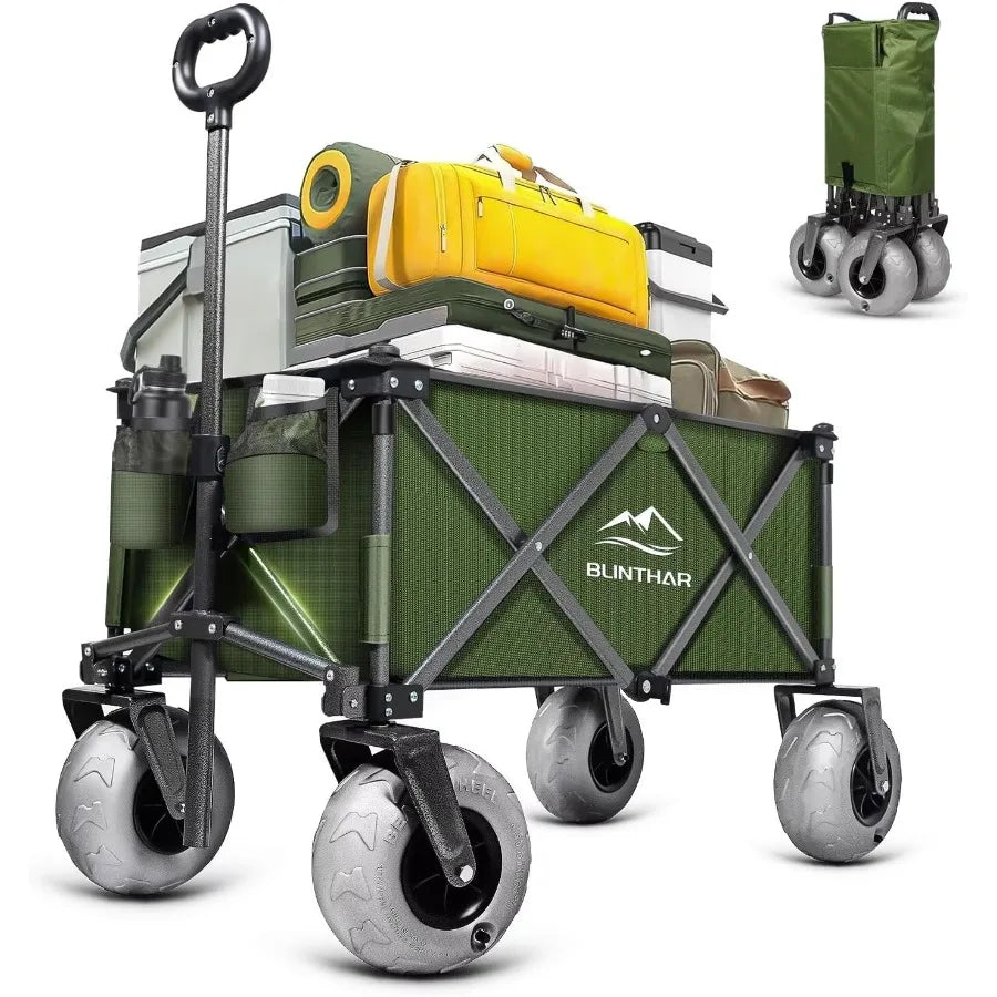 Heavy-Duty Beach Wagon with Big Pneumatic Wheels – Collapsible Folding Cart with All-Terrain Tires & Drink Holders