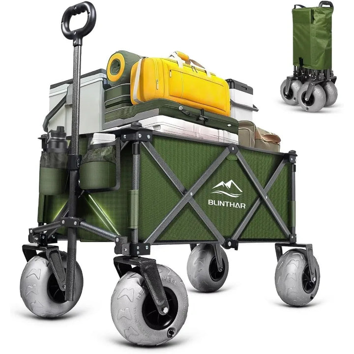 Heavy-Duty Beach Wagon with Big Pneumatic Wheels – Collapsible Folding Cart with All-Terrain Tires & Drink Holders