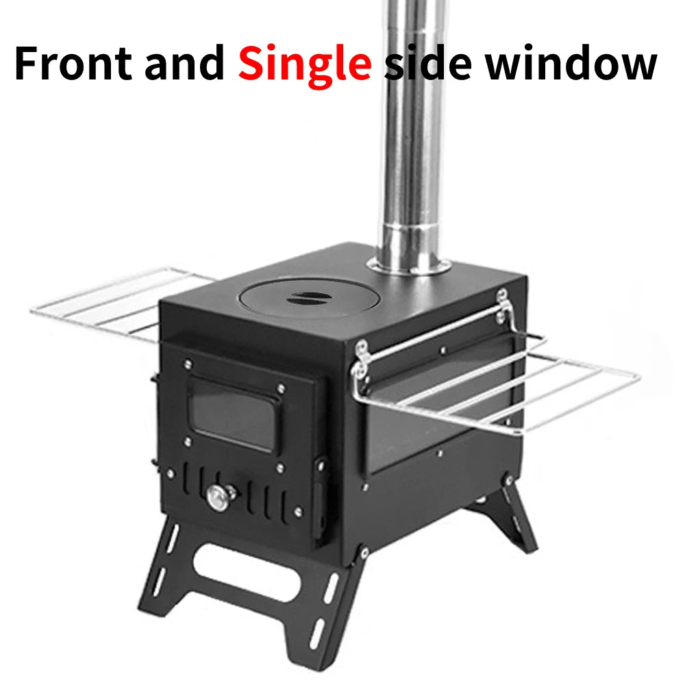 Foldable Stainless Steel Wood-Burning Camping Stove – Portable Tent Heater with Fire Viewing Window for Outdoor Cooking & Heating