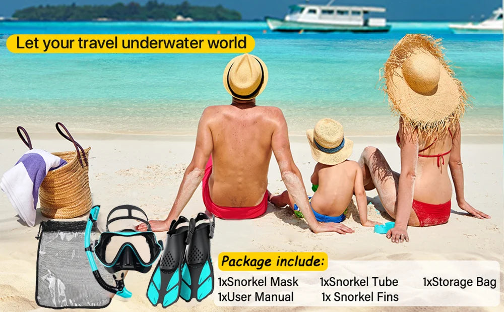 Adult Snorkeling Gear Set – Panoramic Anti-Fog Mask, Dry Top Snorkel & Adjustable Swim Fins