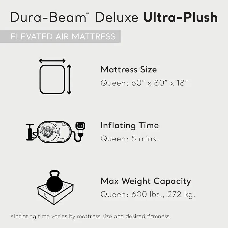 Intex Dura-Beam Deluxe Ultra Plush Queen Air Mattress with Headboard – 18” Raised Bed & Built-in Electric Pump