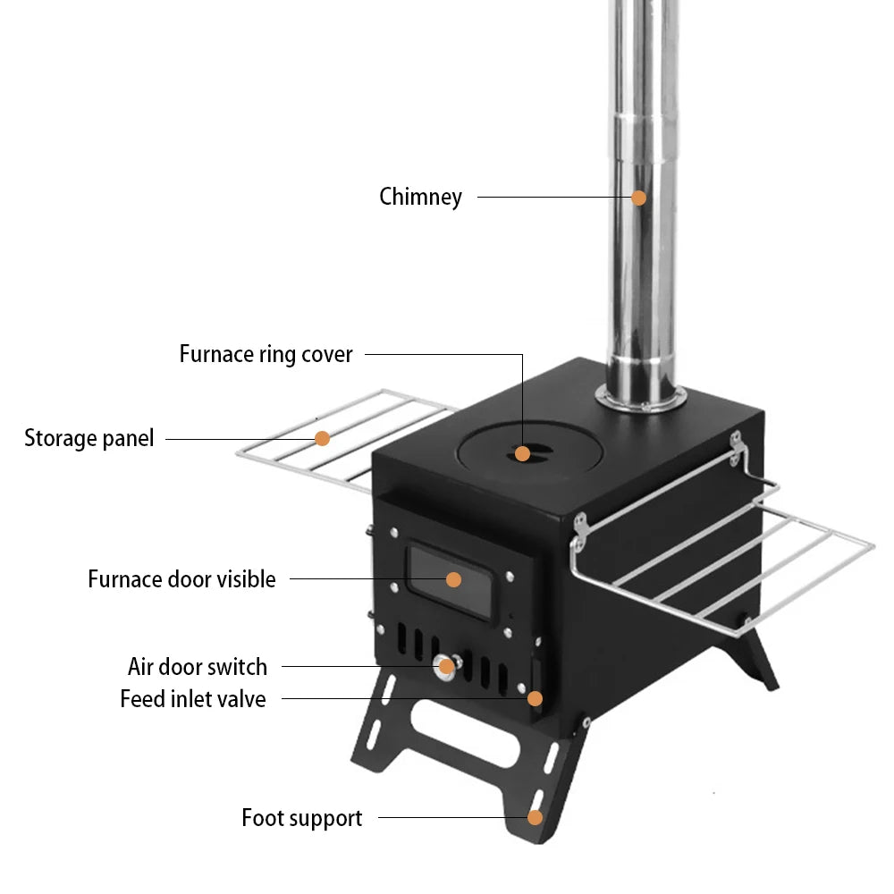 Foldable Stainless Steel Wood-Burning Camping Stove – Portable Tent Heater with Fire Viewing Window for Outdoor Cooking & Heating