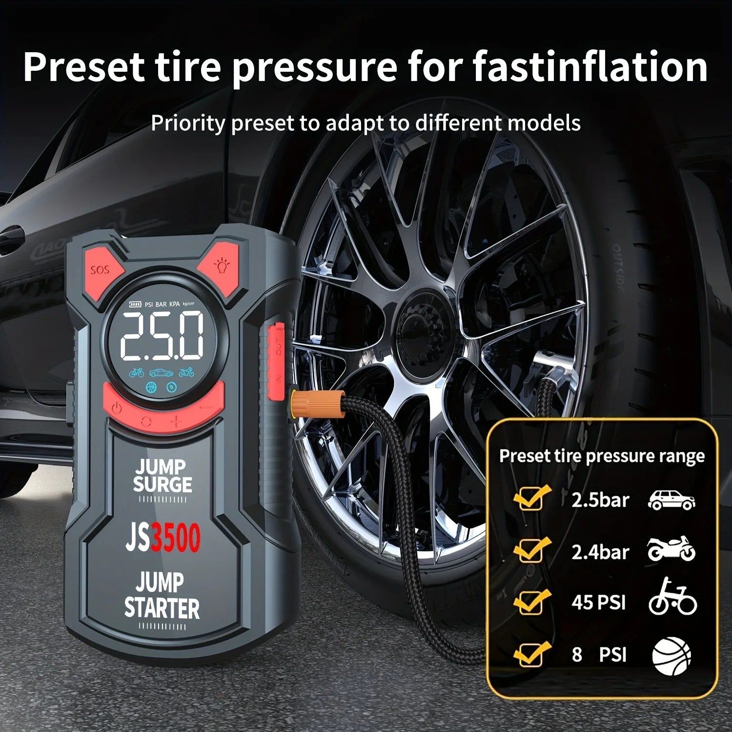 5-in-1 Portable Jump Starter & Air Compressor – 3000A Peak Battery Booster with 150 PSI Digital Tire Inflator