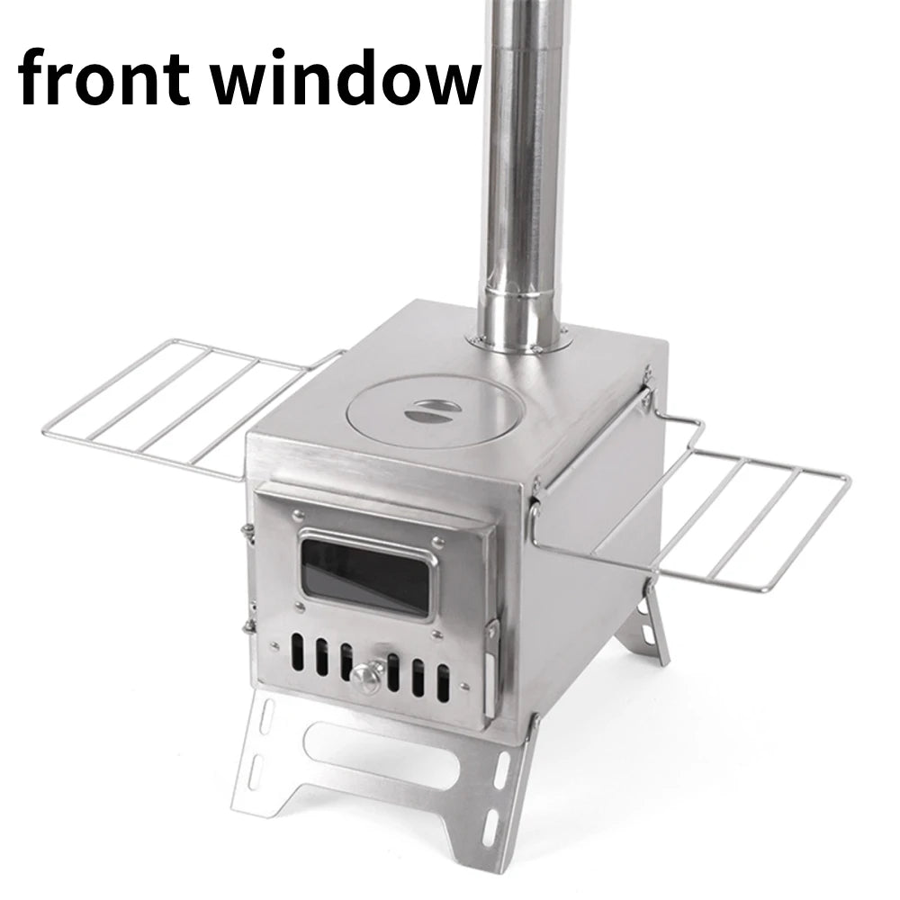 Foldable Stainless Steel Wood-Burning Camping Stove – Portable Tent Heater with Fire Viewing Window for Outdoor Cooking & Heating