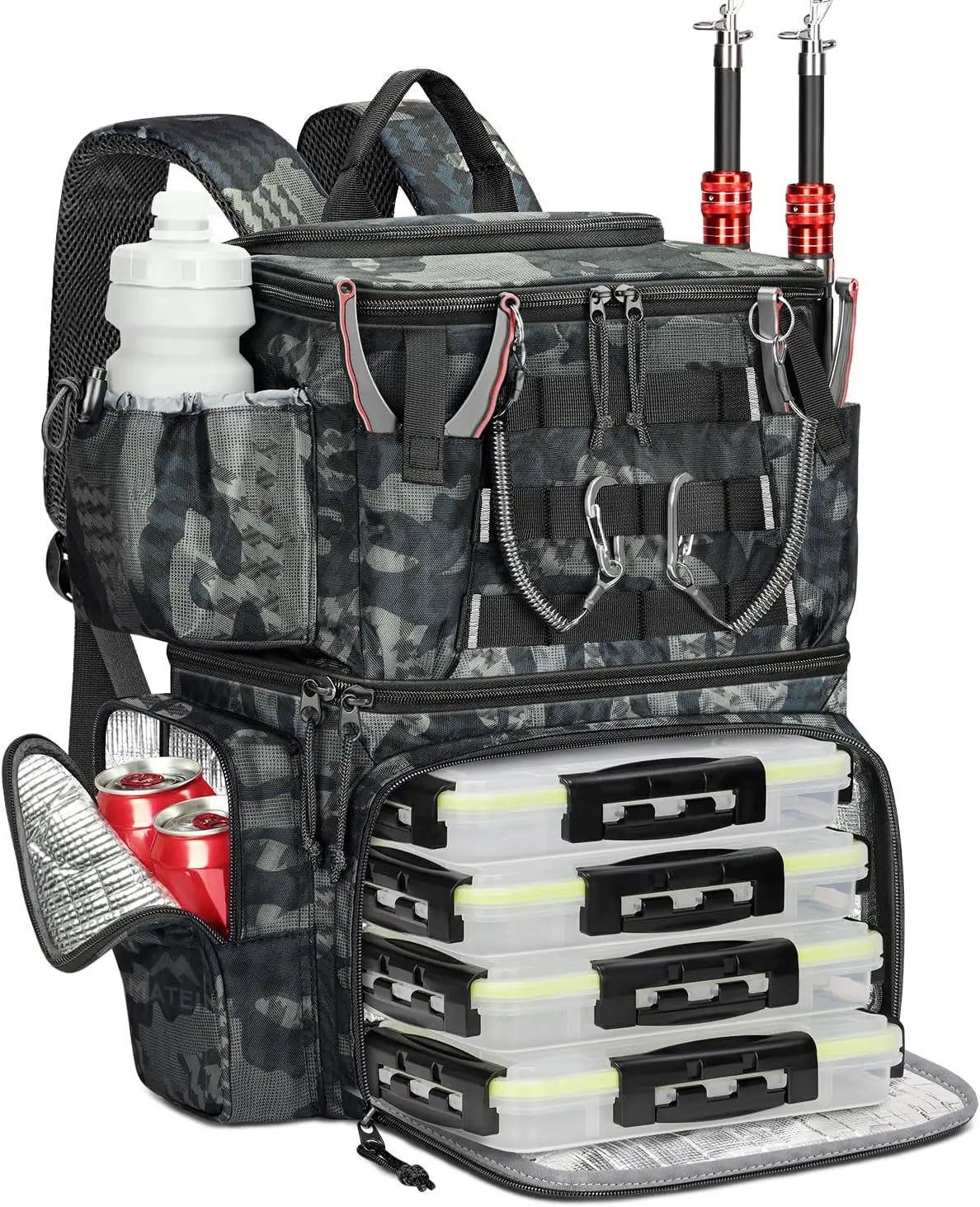 Fishing Backpack with 4 Tackle Boxes – Waterproof Gear Bag with Rod Holder, Cooler Compartment & Safety Compass