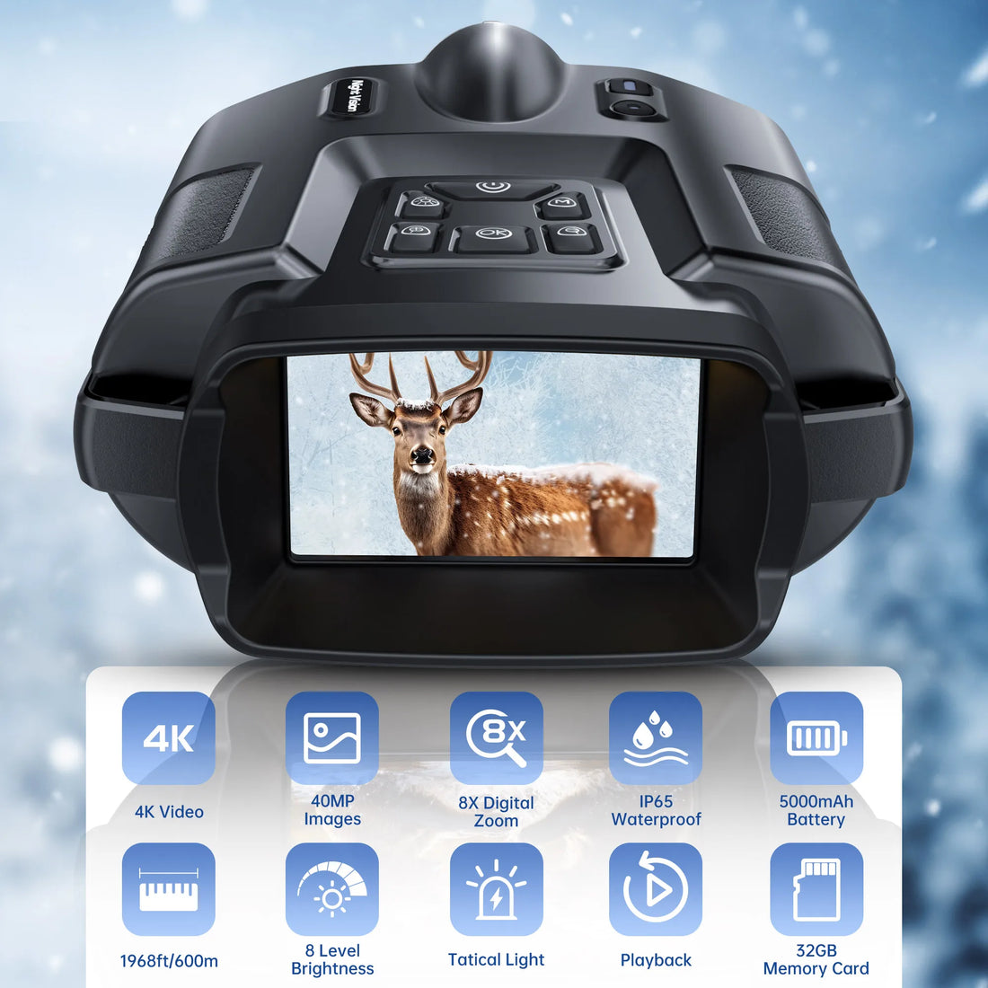4K Night Vision Binoculars with 3” Screen – 8X Digital Zoom, Infrared Night Goggles with Tactical Light & 5000mAh Rechargeable Battery