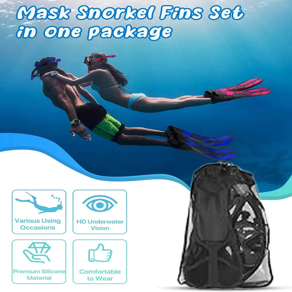 Adult Snorkeling Gear Set – Panoramic Anti-Fog Mask, Dry Top Snorkel & Adjustable Swim Fins