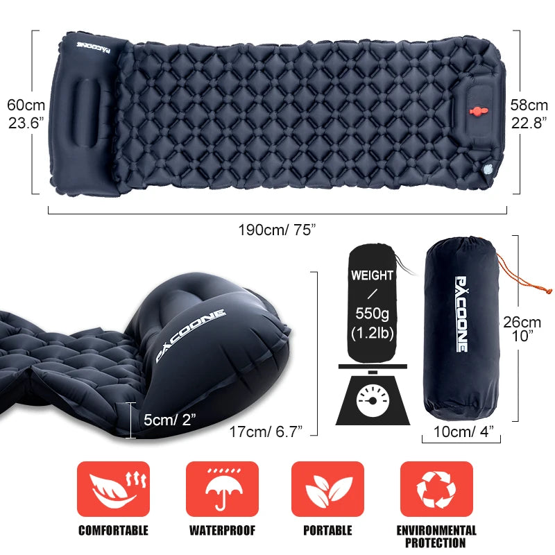 Ultralight Inflatable Camping Sleeping Pad with Built-in Pump & Pillow – Compact Air Mattress for Hiking, Backpacking & Travel