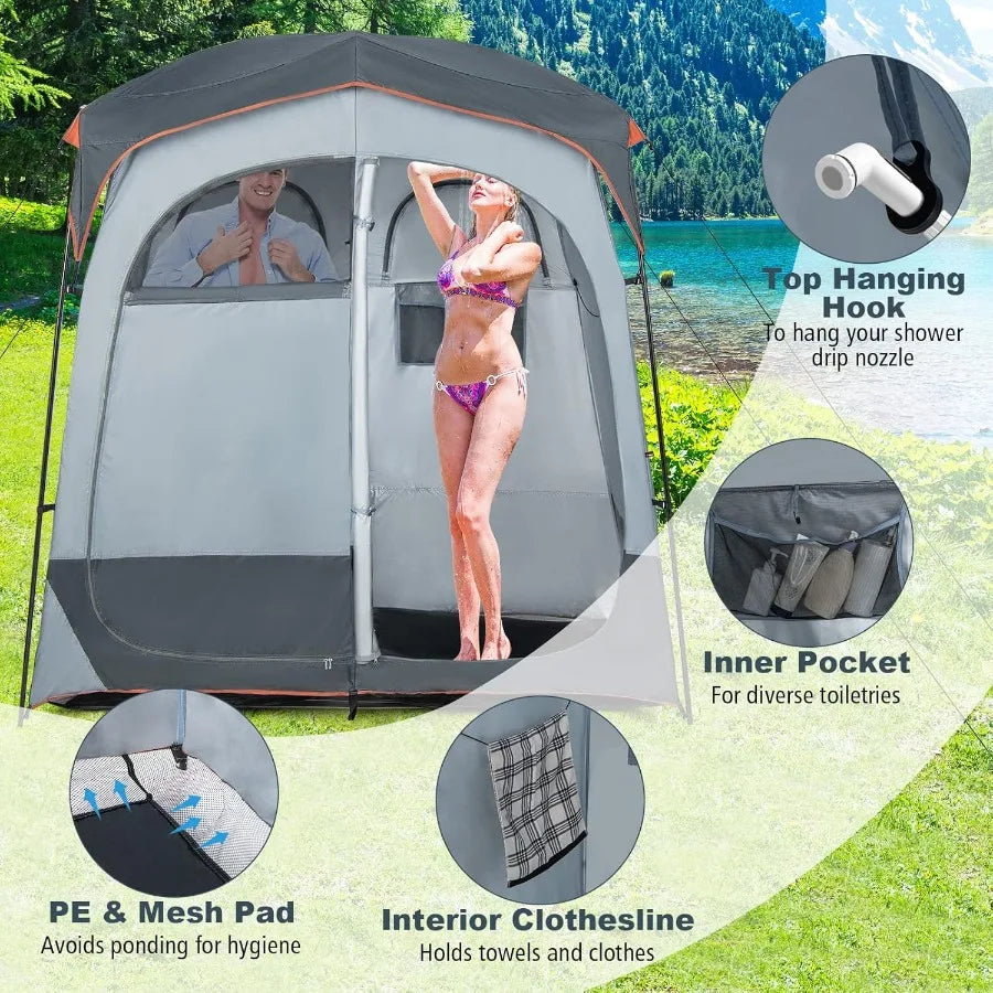Oversized Double Room Shower Tent – Portable Privacy Camping Tent with Floor, Rain Fly & Storage Features