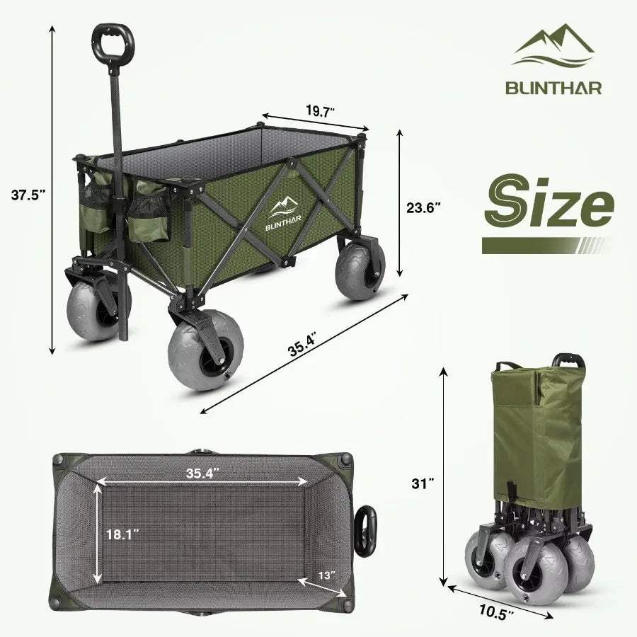 Heavy-Duty Beach Wagon with Big Pneumatic Wheels – Collapsible Folding Cart with All-Terrain Tires & Drink Holders