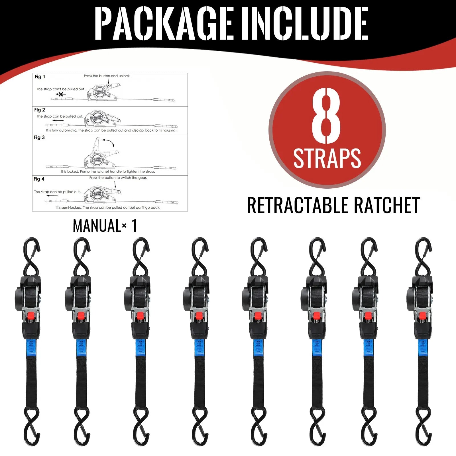 1" x 10' Heavy-Duty Retractable Ratchet Straps – 1209 lb Break Strength Auto Retracting Tie Downs for Trucks, Trailers, Boats & Cargo