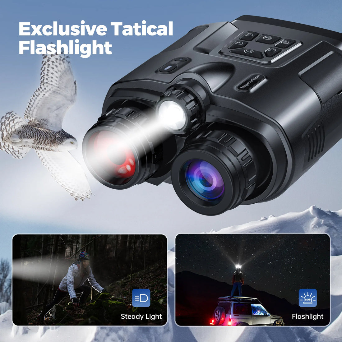 4K Night Vision Binoculars with 3” Screen – 8X Digital Zoom, Infrared Night Goggles with Tactical Light & 5000mAh Rechargeable Battery