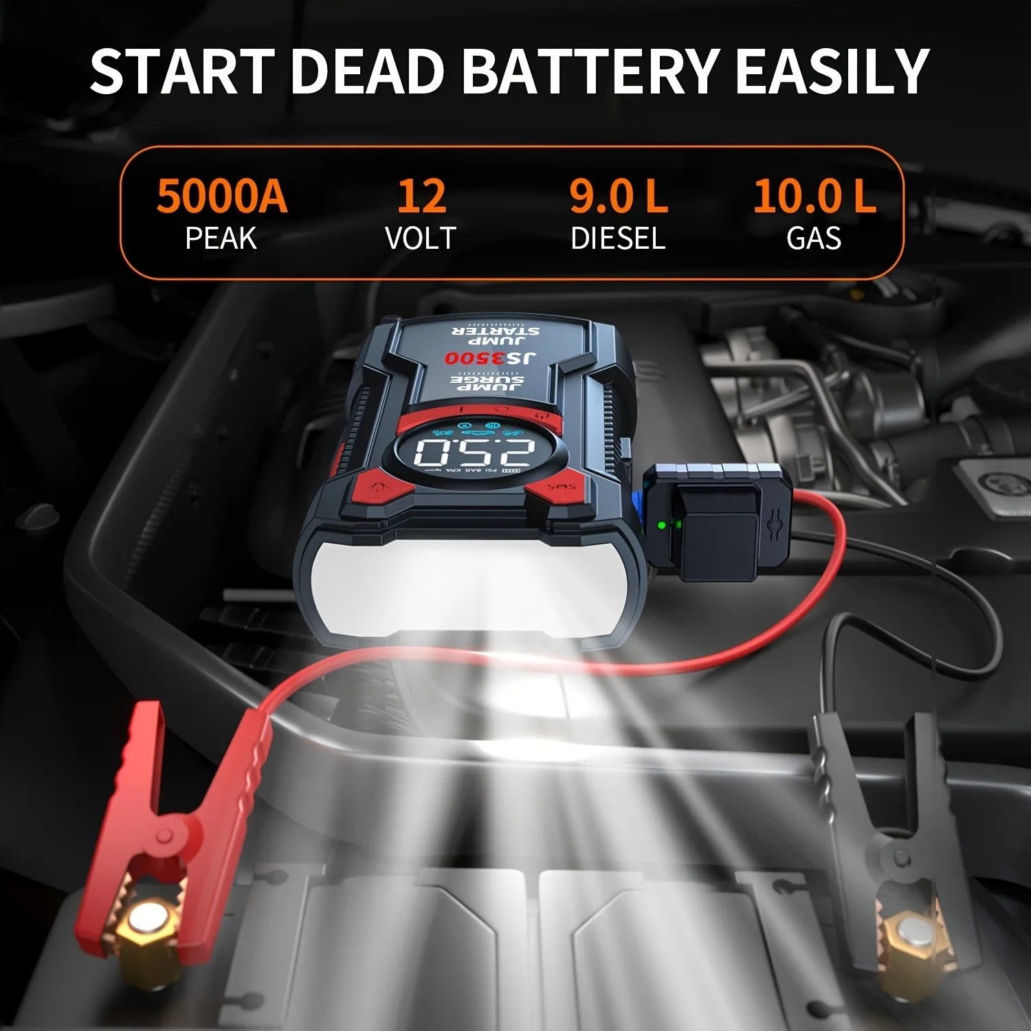 5-in-1 Portable Jump Starter & Air Compressor – 3000A Peak Battery Booster with 150 PSI Digital Tire Inflator