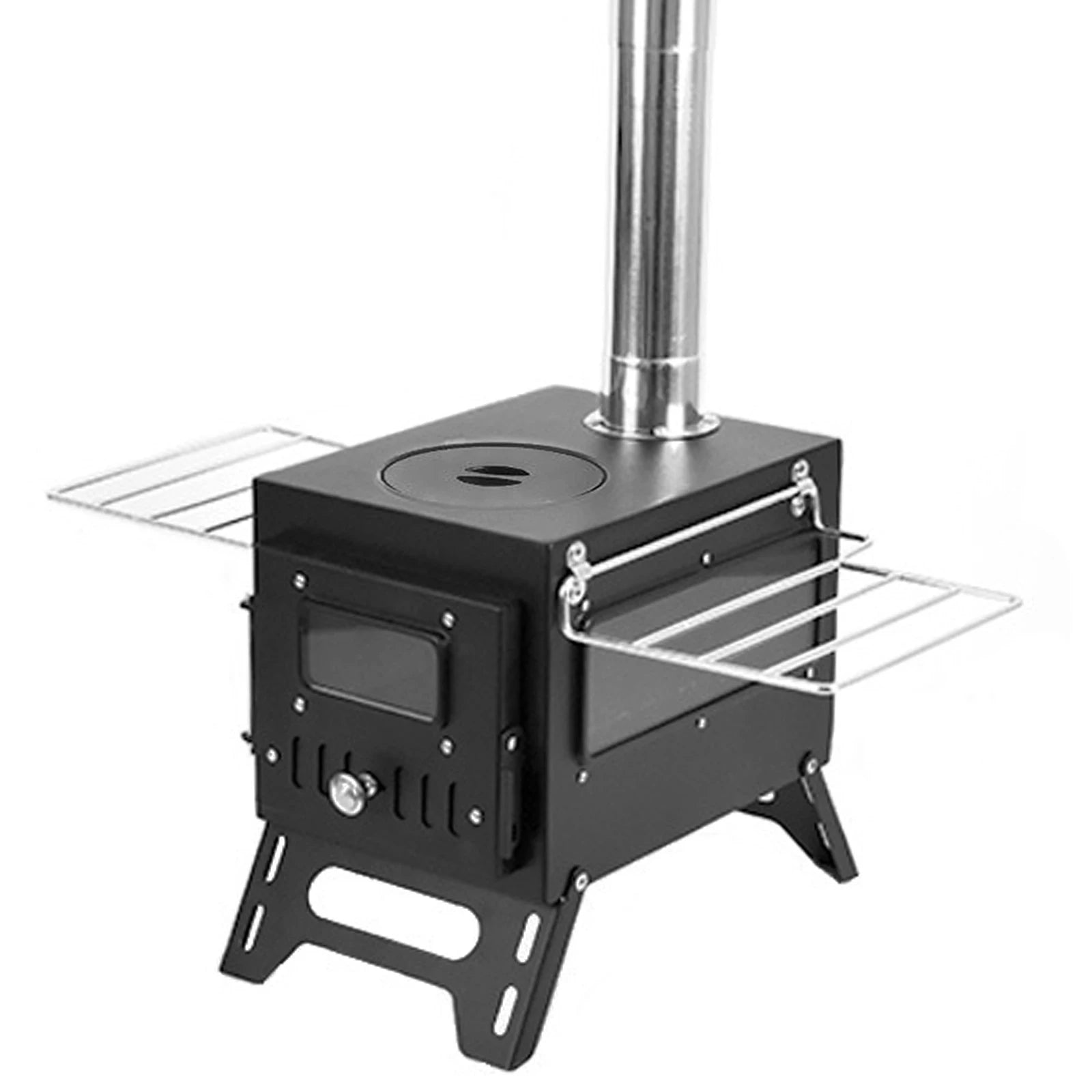 Foldable Stainless Steel Wood-Burning Camping Stove – Portable Tent Heater with Fire Viewing Window for Outdoor Cooking & Heating