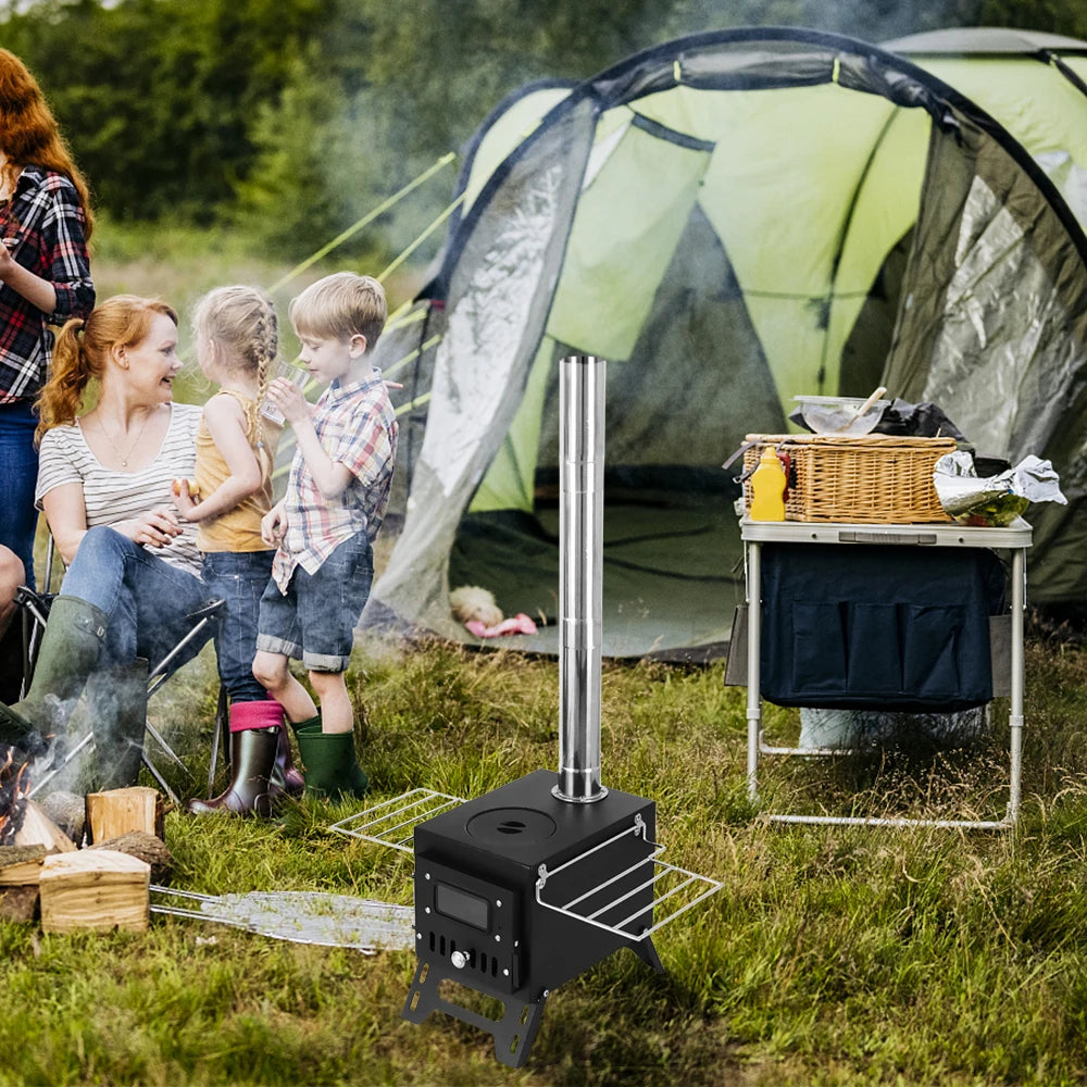 Foldable Stainless Steel Wood-Burning Camping Stove – Portable Tent Heater with Fire Viewing Window for Outdoor Cooking & Heating