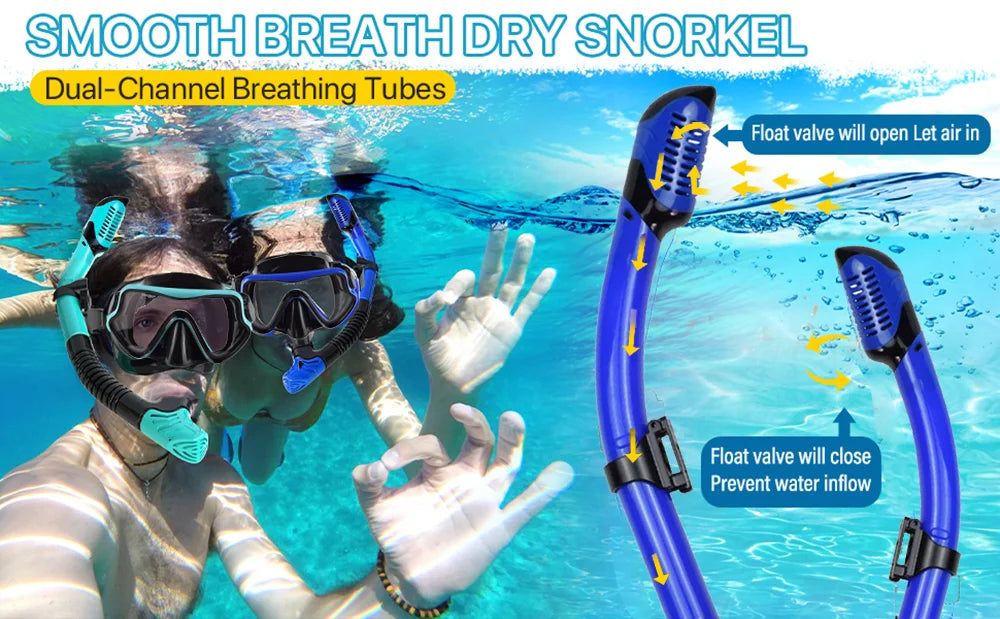 Adult Snorkeling Gear Set – Panoramic Anti-Fog Mask, Dry Top Snorkel & Adjustable Swim Fins