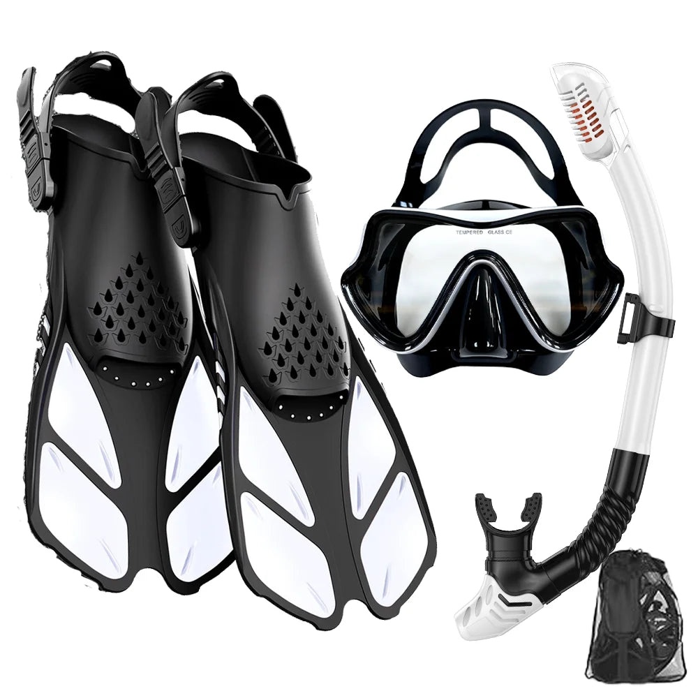 Adult Snorkeling Gear Set – Panoramic Anti-Fog Mask, Dry Top Snorkel & Adjustable Swim Fins